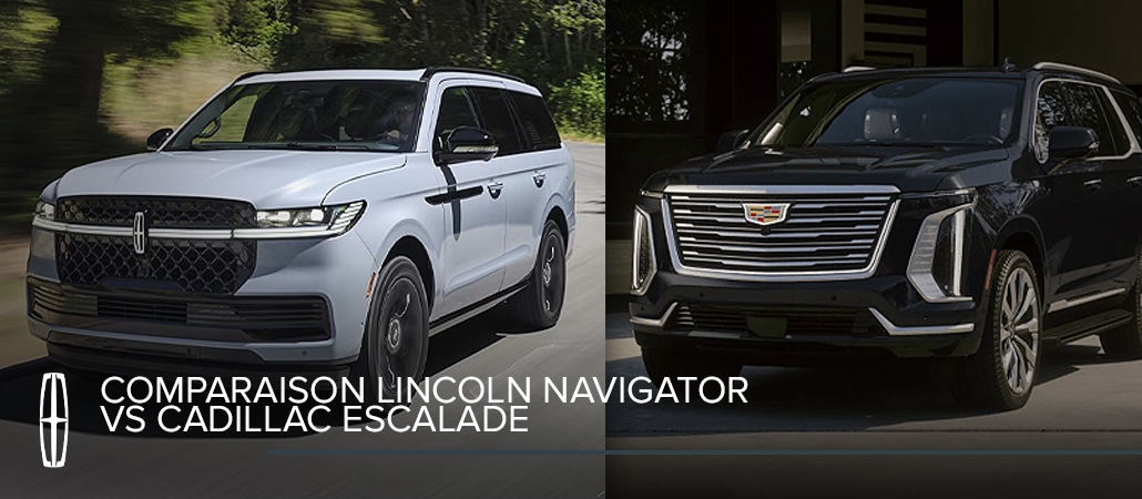 Lincoln Navigator vs. Cadillac Escalade comparison; both SUVs are parked side-by-side.