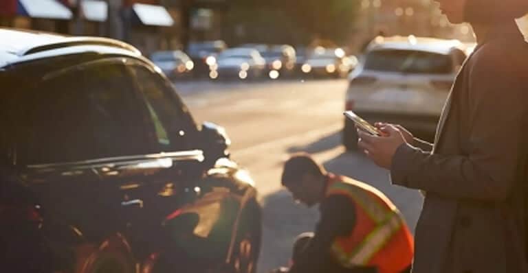 Un homme consulte son téléphone près d'une voiture en panne. Un technicien répare la roue, éclairé par le soleil couchant.