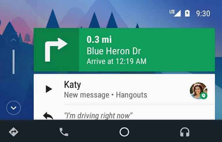 Android Auto navigation interface showing directions on a car display