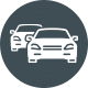 Two cars on a dark circle, symbolizing traffic or car proximity.