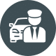 Chauffeur or driver icon with a car silhouette in the background on a dark circle.