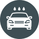Car wash icon with three water droplets above a car on a gray circular background.
