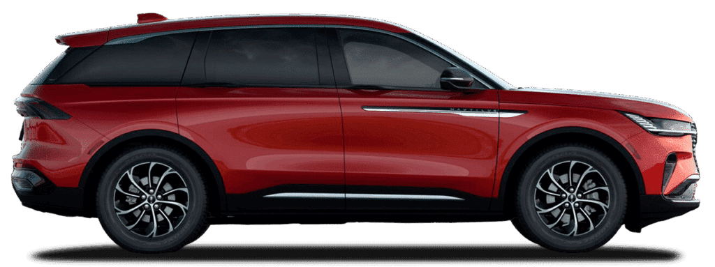 Side view of a sleek red SUV with black tinted windows and stylish alloy wheels.